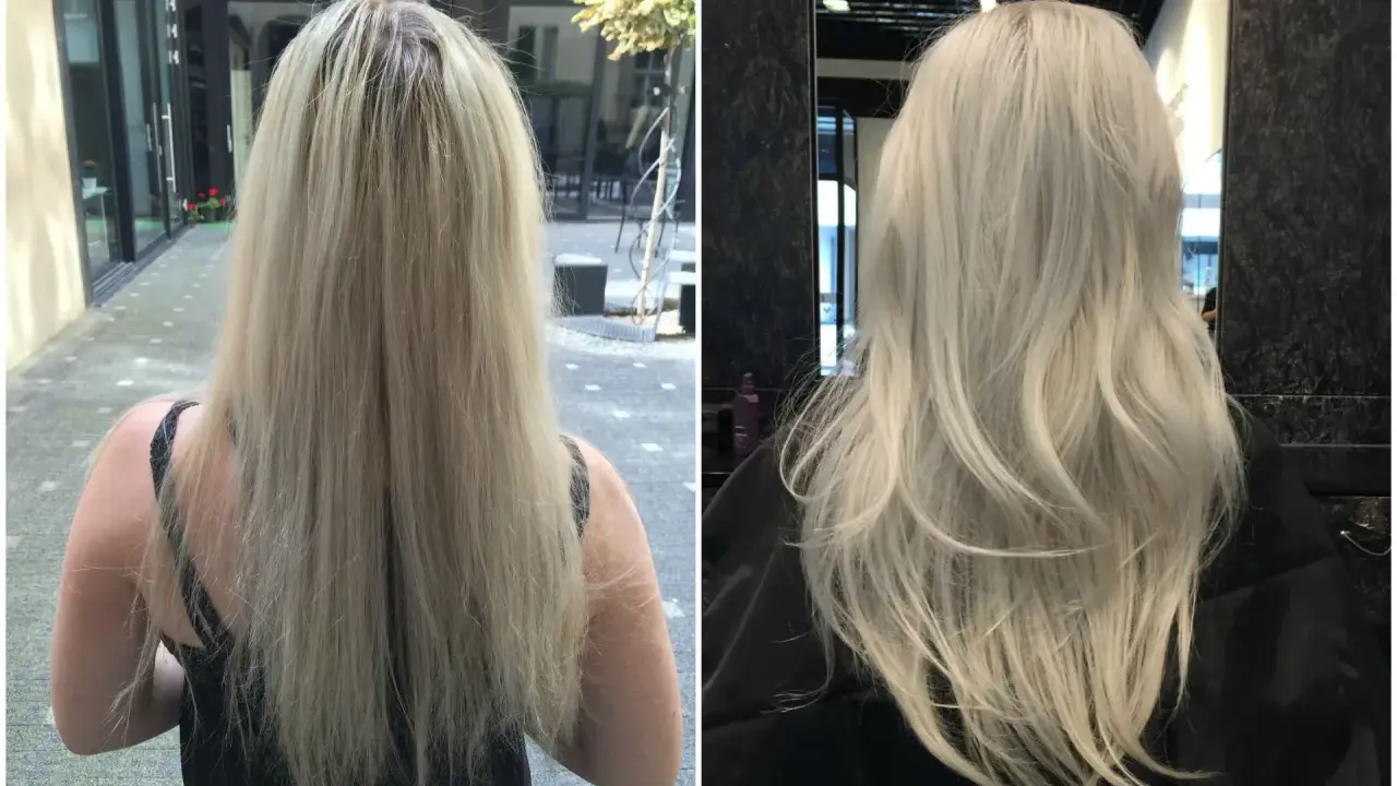 Przed i po zabiegu Olaplex. Włosy z matowych i suchych stały się lśniące i zdrowe. Olaplex efekty widoczne od razu!