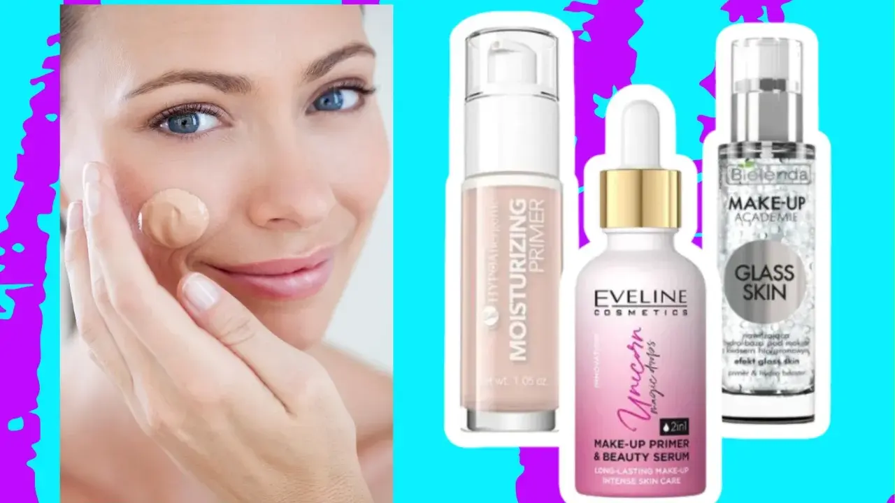 Kobieta aplikuje podkład, obok trzy produkty: nawilżający primer, serum Eveline Unicorn i primer Bielenda Glass Skin.