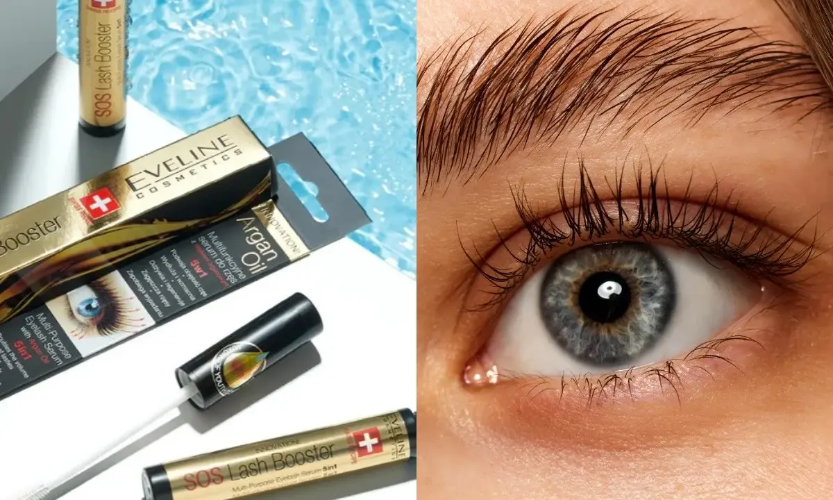 Długie rzęsy po użyciu serum Eveline SOS Lash Booster. Zestaw kosmetyków i zbliżenie na oko.