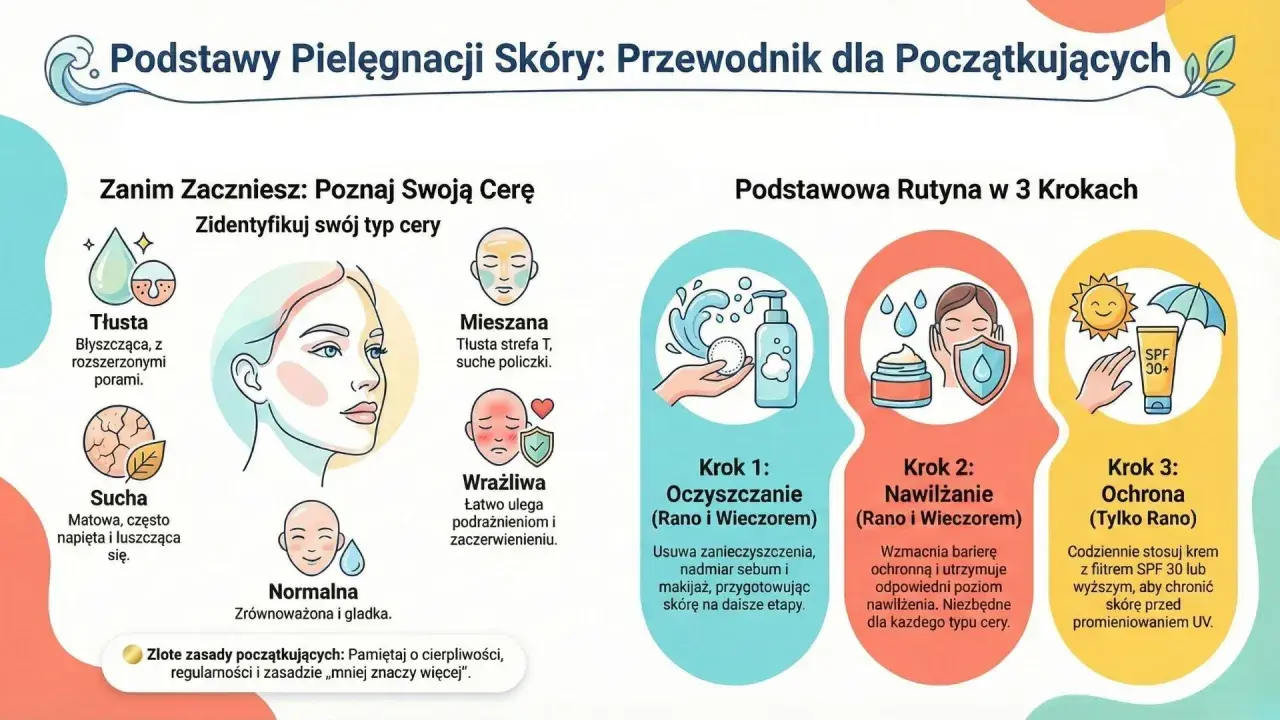Podstawy pielęgnacji ciała: rozpoznaj typ cery (tłusta, sucha, mieszana, wrażliwa, normalna) i wykonaj 3 kroki: oczyszczanie, nawilżanie, ochrona SPF.