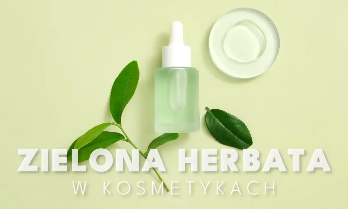 Butelka z serum, liście zielonej herbaty i kropla produktu na talerzyku. Siła natury w kosmetykach.