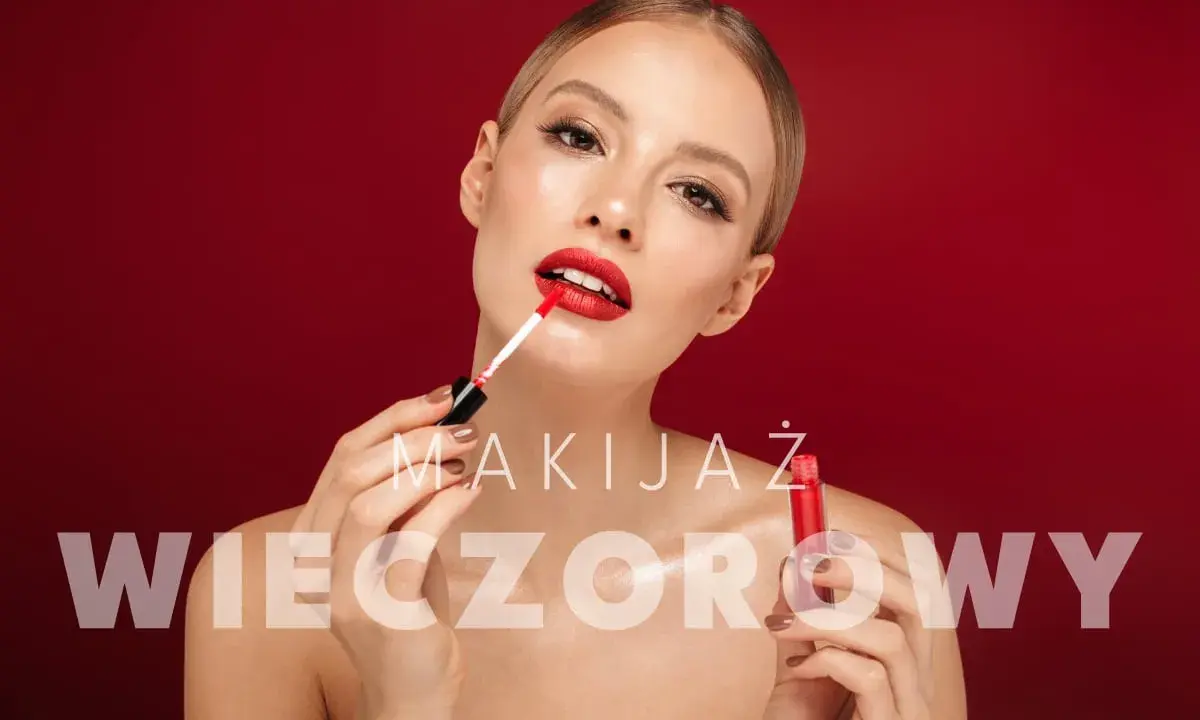 Kobieta nakłada czerwoną szminkę, tworząc idealny makijaż wieczorowy.