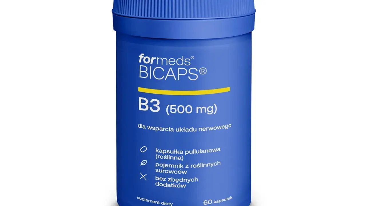Niebieski pojemnik suplementu diety Formeds BICAPS B3 (500 mg), zawierający witaminę PP dla wsparcia układu nerwowego. 60 kapsułek.