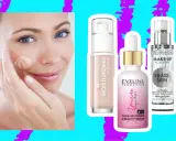 Kobieta aplikuje podkład, obok trzy produkty: nawilżający primer, serum Eveline Unicorn i primer Bielenda Glass Skin.