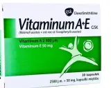 Opakowanie Vitaminum A+E GSK. Jak długo stosować? Zawiera 30 kapsułek miękkich: Vitaminum A 2500 j.m., Vitaminum E 50 mg.