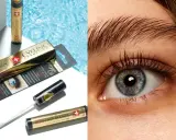 Długie rzęsy po użyciu serum Eveline SOS Lash Booster. Zestaw kosmetyków i zbliżenie na oko.