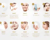 Dziesięć kroków koreańskiej pielęgnacji twarzy: od oczyszczania olejkiem i wodą, przez peeling, tonizację, esencję, serum, maskę, pielęgnację okolic oczu, krem, po krem z filtrem.