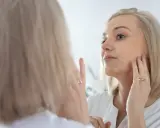 Kobieta w białej bluzce dotyka swojej twarzy, zastanawiając się, jak dbać o szyję. Jej dłonie ozdobione są pierścionkami.