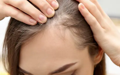 Dłonie kobiety dotykają linii włosów, gdzie widać drobne, odstające baby hair.