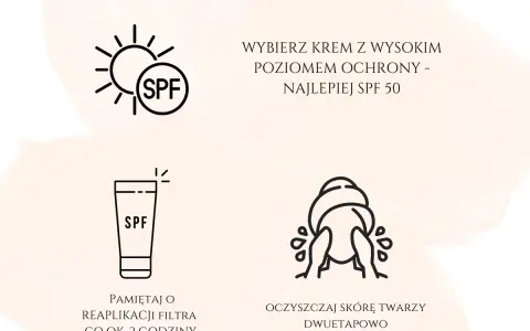 Wybierz krem z wysokim SPF 50. Pamiętaj o reaplikacji filtra co 2 godziny i dwuetapowym oczyszczaniu skóry twarzy.