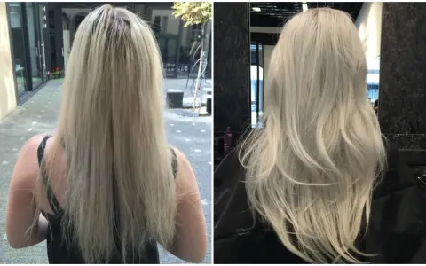 Przed i po zabiegu Olaplex. Włosy z matowych i suchych stały się lśniące i zdrowe. Olaplex efekty widoczne od razu!