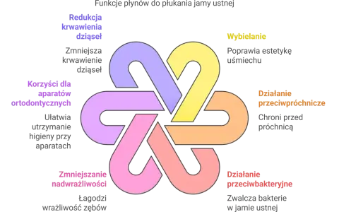 Diagram przedstawia funkcje płynów do płukania jamy ustnej: redukcję krwawienia dziąseł, korzyści dla aparatów ortodontycznych, zmniejszanie nadwrażliwości, wybielanie, działanie przeciwpróchnicze i przeciwbakteryjne. To dobry płyn do płukania jamy ust...