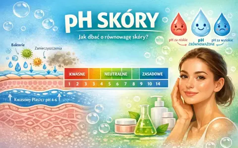 Ilustracja pokazuje warstwy skóry i skalę pH, podkreślając znaczenie utrzymania prawidłowego pH skóry dla jej zdrowia i piękna.