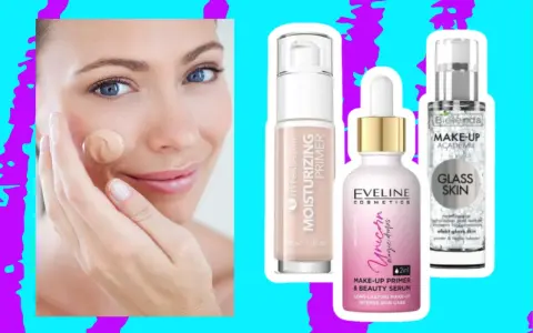 Kobieta aplikuje podkład, obok trzy produkty: nawilżający primer, serum Eveline Unicorn i primer Bielenda Glass Skin.