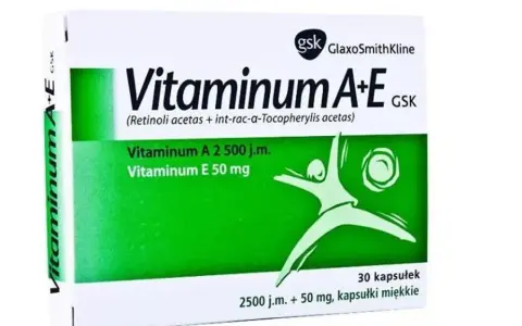 Opakowanie Vitaminum A+E GSK. Jak długo stosować? Zawiera 30 kapsułek miękkich: Vitaminum A 2500 j.m., Vitaminum E 50 mg.