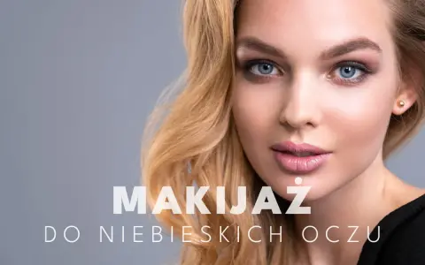 Delikatny makijaż oczu niebieskich podkreśla ich głębię. Blond włosy i subtelne usta dopełniają całość.