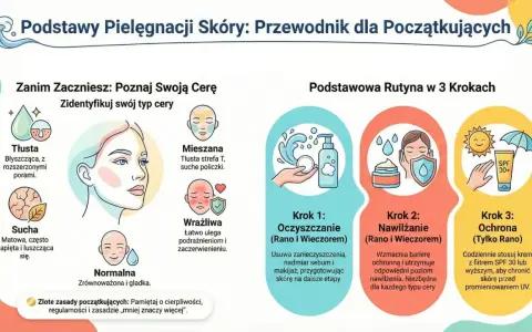 Podstawy pielęgnacji ciała: rozpoznaj typ cery (tłusta, sucha, mieszana, wrażliwa, normalna) i wykonaj 3 kroki: oczyszczanie, nawilżanie, ochrona SPF.