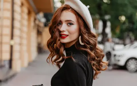 Rudowłosa kobieta w beretce i czarnym golfie, z burzą falowanych włosów i czerwoną szminką, trzyma kubek kawy.