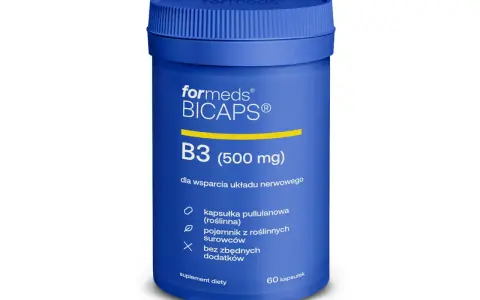 Niebieski pojemnik suplementu diety Formeds BICAPS B3 (500 mg), zawierający witaminę PP dla wsparcia układu nerwowego. 60 kapsułek.