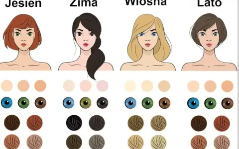 Ilustracja do testu na typ urody: cztery kobiety (Jesień, Zima, Wiosna, Lato) z paletami kolorów skóry, oczu i włosów.
