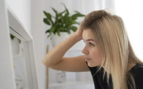 Kobieta z blond włosami poprawia fryzurę przed lustrem, zastanawiając się, sls co to jest i jak wpływa na jej wygląd.