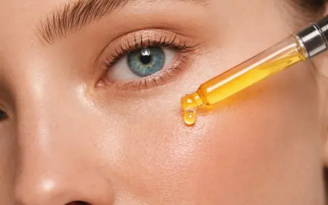 Kropla serum z pipety na skórze. Uważaj na retinol efekty uboczne, jak zaczerwienienie czy suchość.