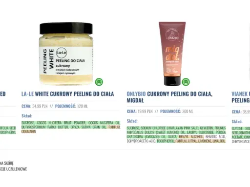 Cztery peelingi do ciała: Nacomi z kawą, La-Le cukrowy, Onlybio migdałowy i Vianek z malinami. Każdy to dobry peeling do ciała.
