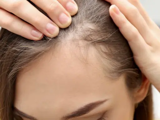 Dłonie kobiety dotykają linii włosów, gdzie widać drobne, odstające baby hair.
