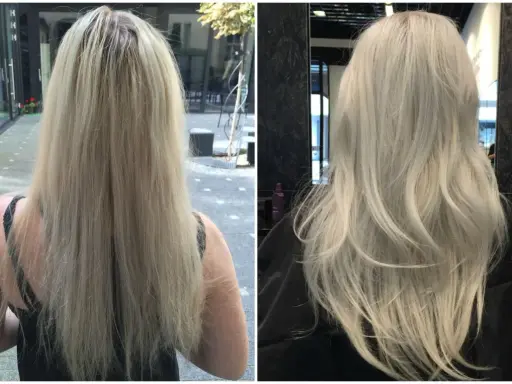 Przed i po zabiegu Olaplex. Włosy z matowych i suchych stały się lśniące i zdrowe. Olaplex efekty widoczne od razu!