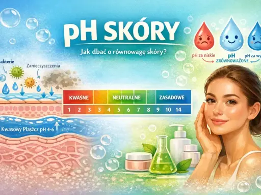 Ilustracja pokazuje warstwy skóry i skalę pH, podkreślając znaczenie utrzymania prawidłowego pH skóry dla jej zdrowia i piękna.