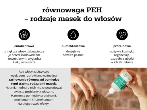 Odżywka do włosów może być emolientowa (zmiękcza, chroni), humektantowa (nawilża) lub proteinowa (regeneruje). Kluczem jest równowaga PEH dla zdrowych włosów.