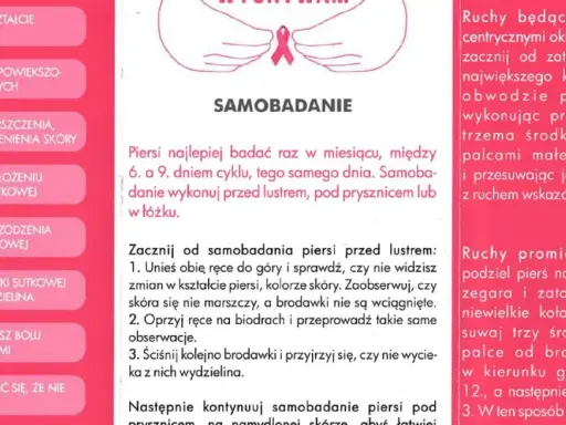 Jak dbać o piersi: samobadanie, sprawdzanie zmian w kształcie, brodawce, skórze, węzłach chłonnych i bólu.