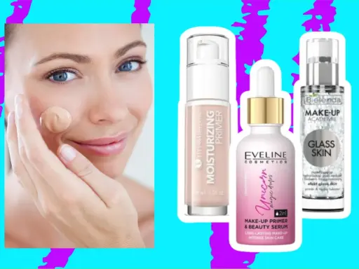 Kobieta aplikuje podkład, obok trzy produkty: nawilżający primer, serum Eveline Unicorn i primer Bielenda Glass Skin.