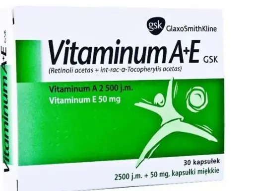 Opakowanie Vitaminum A+E GSK. Jak długo stosować? Zawiera 30 kapsułek miękkich: Vitaminum A 2500 j.m., Vitaminum E 50 mg.