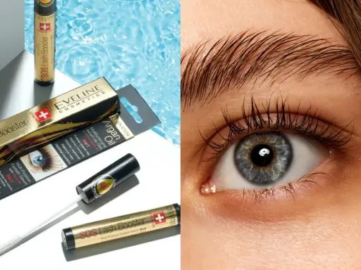 Długie rzęsy po użyciu serum Eveline SOS Lash Booster. Zestaw kosmetyków i zbliżenie na oko.