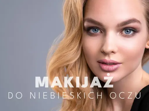 Delikatny makijaż oczu niebieskich podkreśla ich głębię. Blond włosy i subtelne usta dopełniają całość.