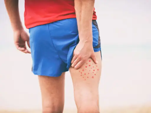Mężczyzna w czerwonej koszulce i niebieskich spodenkach sportowych dotyka uda, na którym widoczne są czerwone krosty.