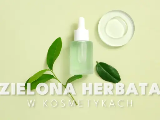 Butelka z serum, liście zielonej herbaty i kropla produktu na talerzyku. Siła natury w kosmetykach.