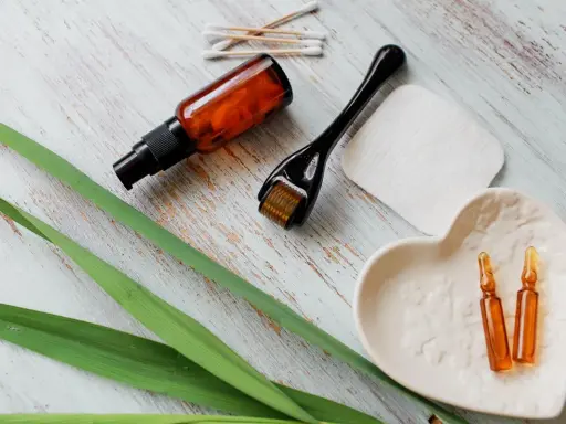 Zestaw do pielęgnacji: serum z **retinolem**, roller, ampułki i waciki.