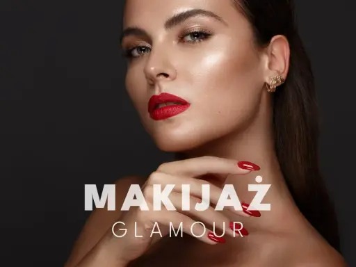 Kobieta z idealnym makijażem glamour: czerwone usta, złote cienie do powiek, lśniąca cera i paznokcie.