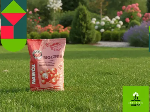 Opakowanie nawozu mocznik na tle ogrodu. Szybko działa, odżywia rośliny.