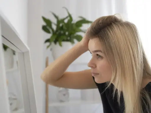 Kobieta z blond włosami poprawia fryzurę przed lustrem, zastanawiając się, sls co to jest i jak wpływa na jej wygląd.
