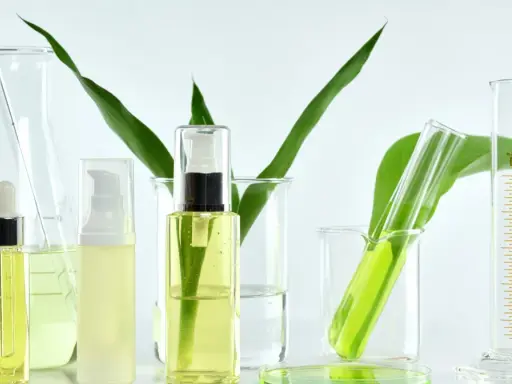 Laboratorium kosmetyczne bada, co to są parabeny. Widać tam buteleczki z kosmetykami, zieleń roślin i szkło laboratoryjne.