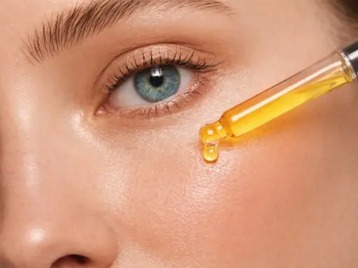 Kropla serum z pipety na skórze. Uważaj na retinol efekty uboczne, jak zaczerwienienie czy suchość.