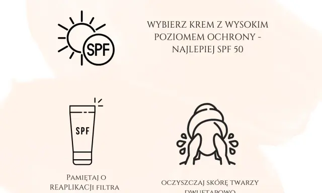 Wybierz krem z wysokim SPF 50. Pamiętaj o reaplikacji filtra co 2 godziny i dwuetapowym oczyszczaniu skóry twarzy.