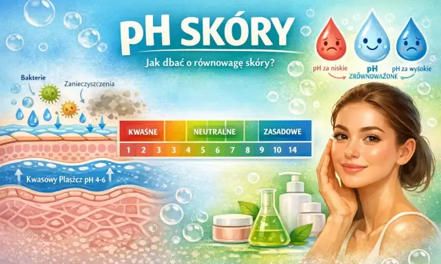 Ilustracja pokazuje warstwy skóry i skalę pH, podkreślając znaczenie utrzymania prawidłowego pH skóry dla jej zdrowia i piękna.