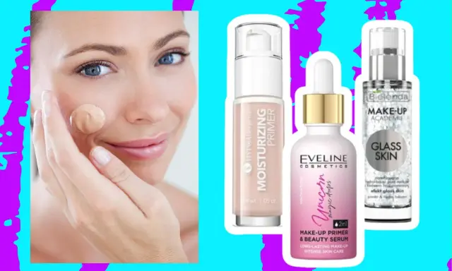 Kobieta aplikuje podkład, obok trzy produkty: nawilżający primer, serum Eveline Unicorn i primer Bielenda Glass Skin.