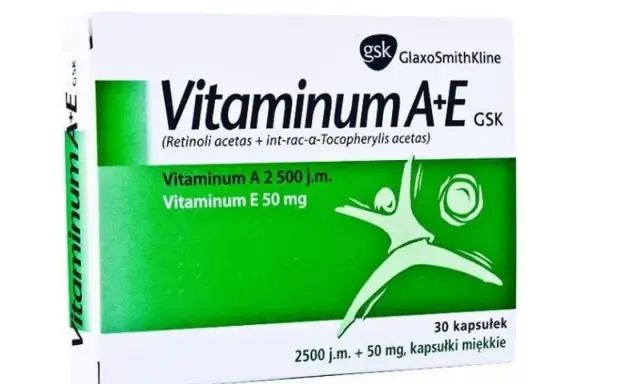 Opakowanie Vitaminum A+E GSK. Jak długo stosować? Zawiera 30 kapsułek miękkich: Vitaminum A 2500 j.m., Vitaminum E 50 mg.