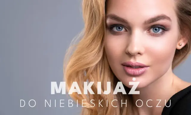 Delikatny makijaż oczu niebieskich podkreśla ich głębię. Blond włosy i subtelne usta dopełniają całość.