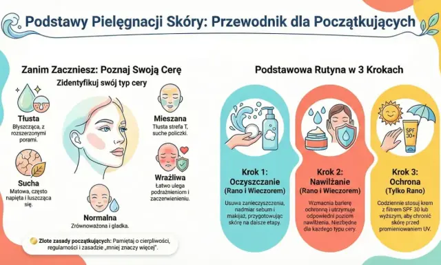 Podstawy pielęgnacji ciała: rozpoznaj typ cery (tłusta, sucha, mieszana, wrażliwa, normalna) i wykonaj 3 kroki: oczyszczanie, nawilżanie, ochrona SPF.